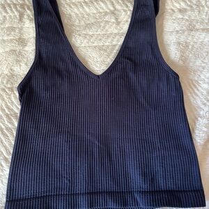 Navy Ribbed V-Neck Crop Top